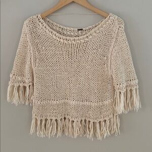 Free People On The Fringe Open Knit Sweater Cream Large Boho Western Festival